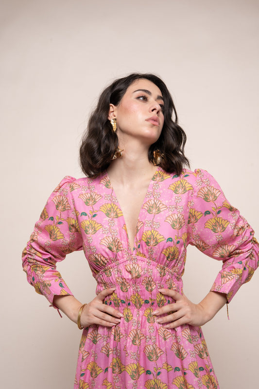 Gianna Waist Cinch Dress - Pink Motif