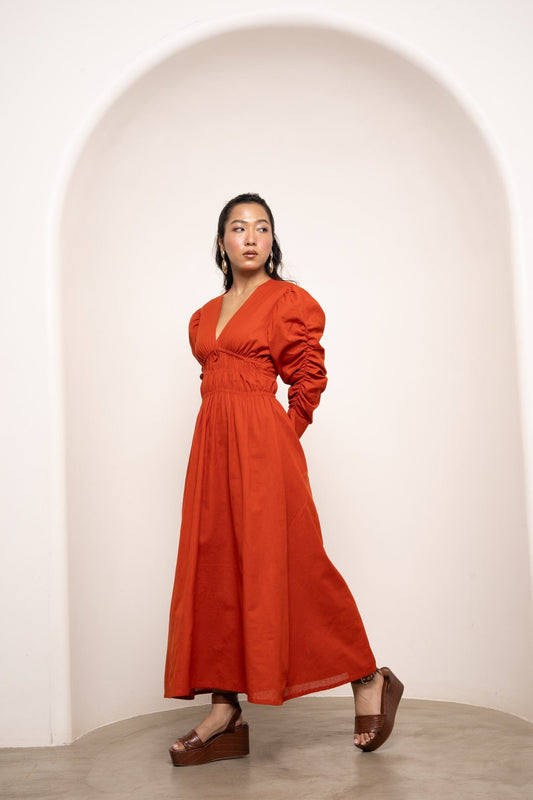 Gianna Waist Cinch Dress - Terracotta Orange