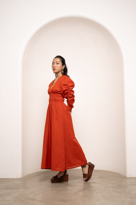 Gianna Waist Cinch Dress - Terracotta Orange