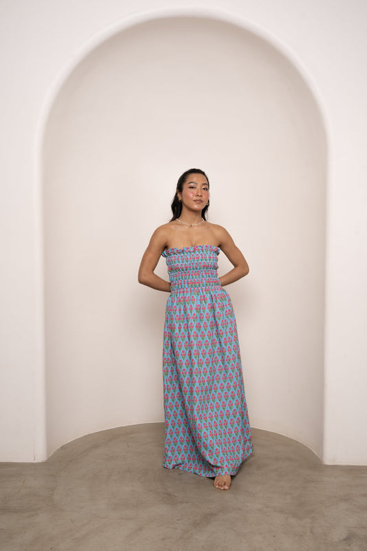 Bruna Smocked Tube Dress - Blue Motif
