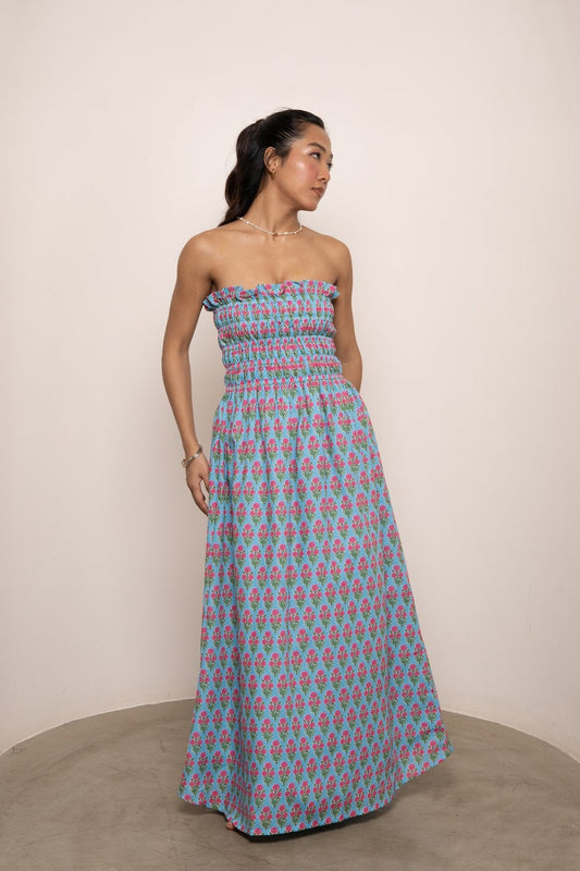 Bruna Smocked Tube Dress - Blue Motif