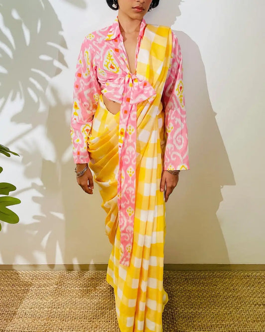 GHINGHAM SATIN SAREE IN YELLOW