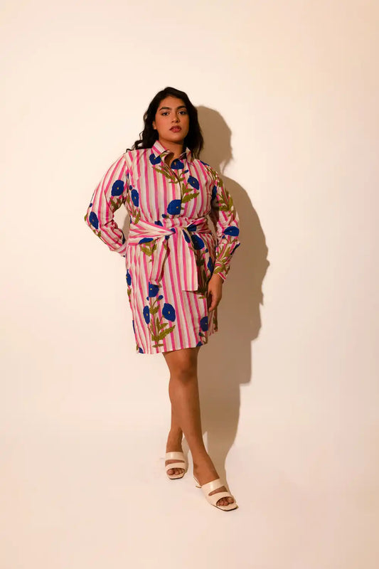 STRIPED FLORAL CLASSIC SHIRT DRESS