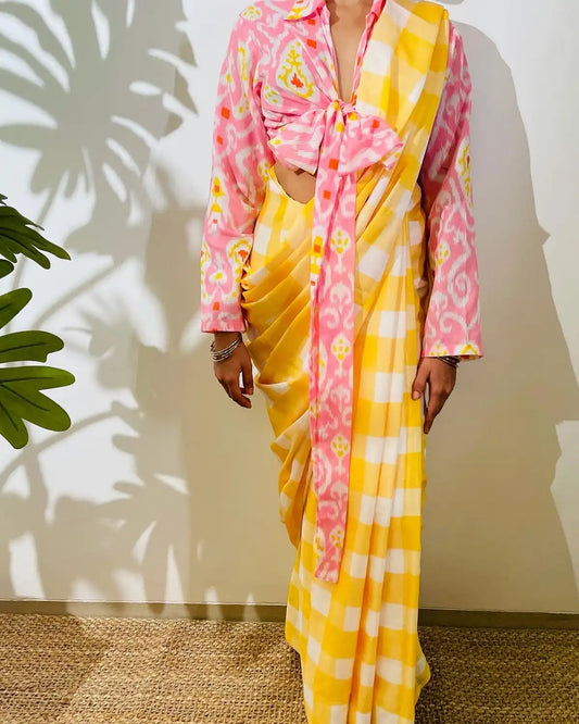 GHINGHAM SATIN SAREE IN YELLOW