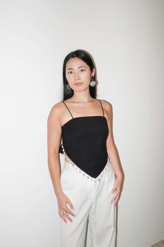 Alyssa Shell Fringed Scarf Top - Black