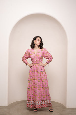 Gianna Waist Cinch Dress - Pink Motif