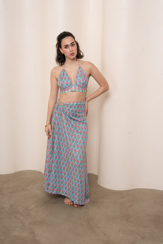 Bias Drawstring Skirt - Blue Motif