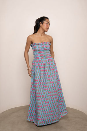 Bruna Smocked Tube Dress - Blue Motif