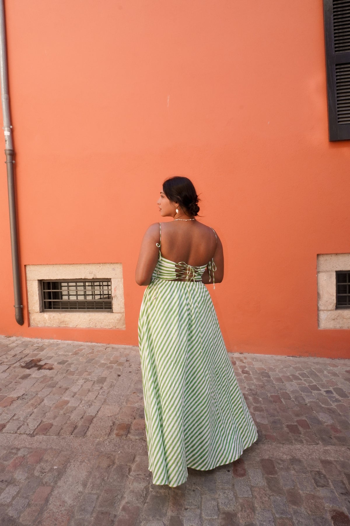 Girona Dress – Matcha Green Stripes, back view