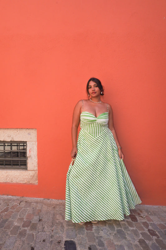 Girona Dress – Matcha Green Stripes, front view