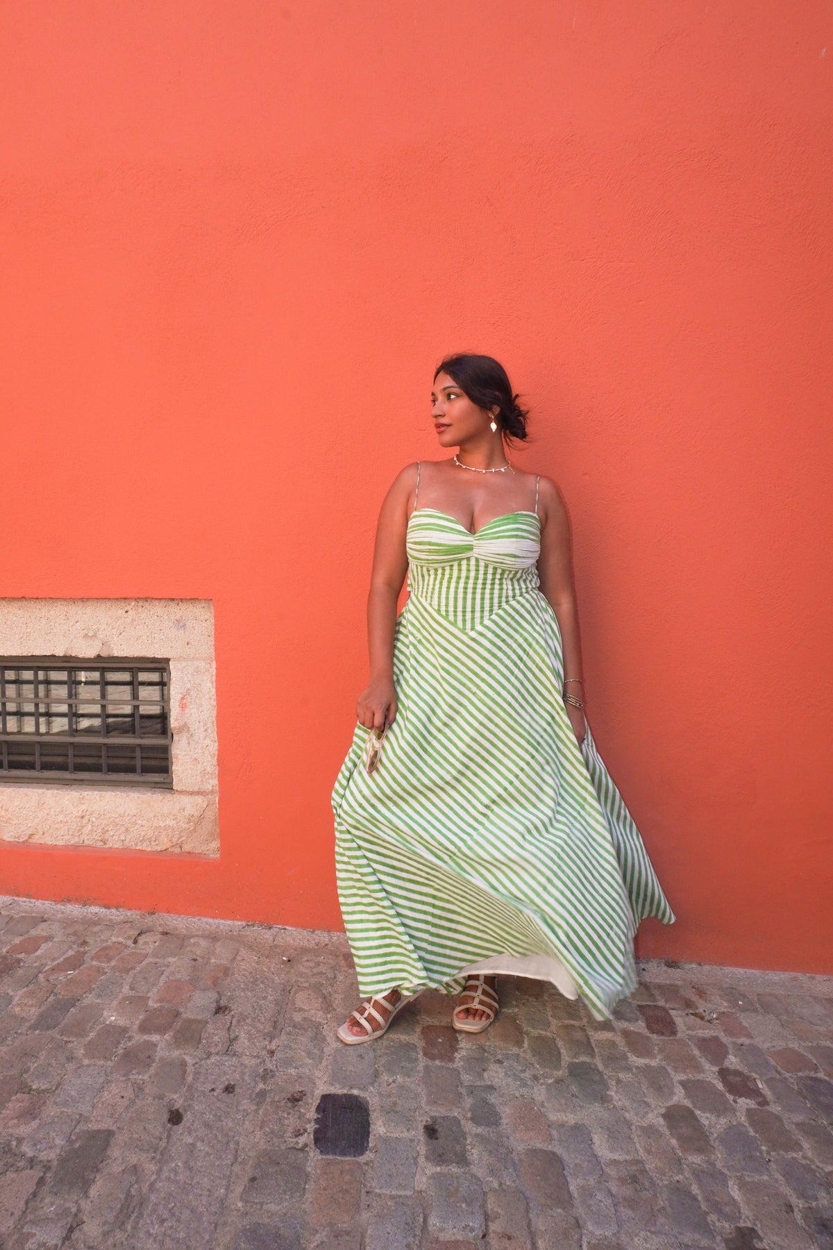 Girona Dress – Matcha Green Stripes, front view