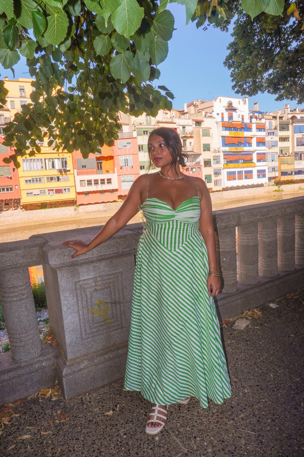 Girona Dress – Matcha Green Stripes, front view