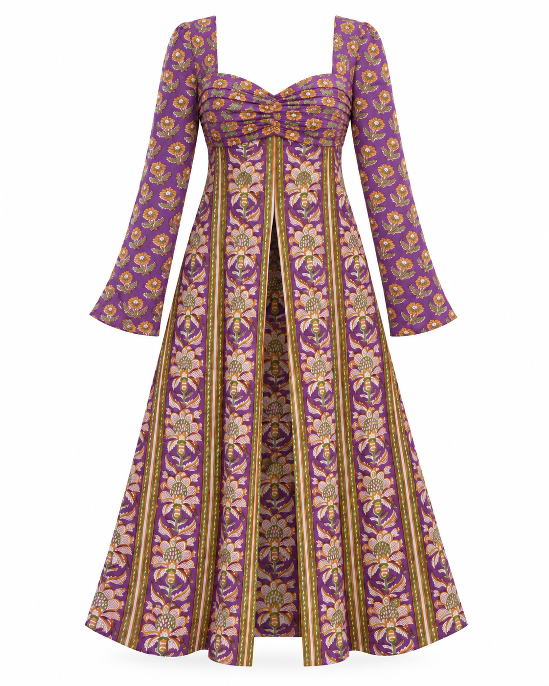 Tessa purple motif — Add sleeves: full-length floral sleeves with softly flared cuffs