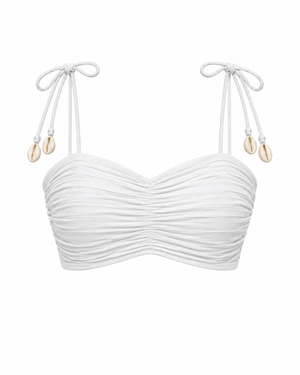 White ruched bandeau top with shoulder ties and cowrie shells