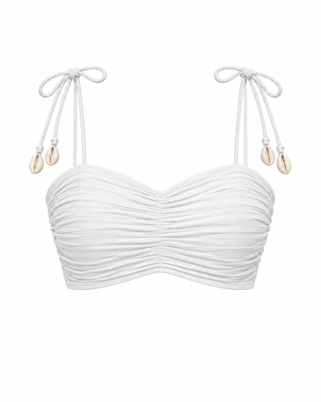 White ruched bandeau top with shoulder ties and cowrie shells