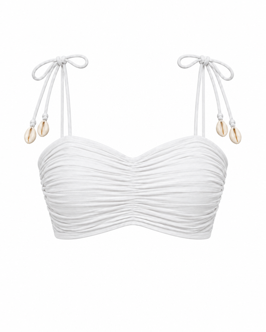 White ruched bandeau top with shoulder ties and cowrie shells