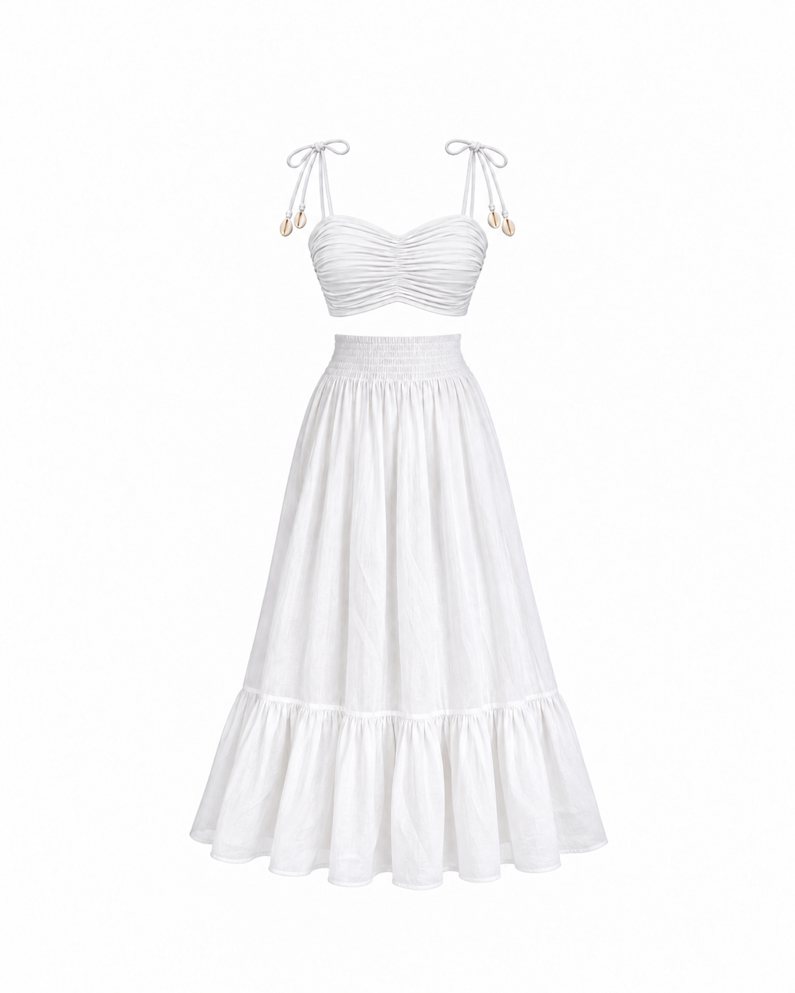 White bandeau and soft mul cotton smocked skirt set