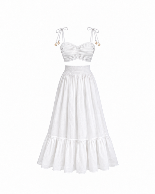 White bandeau and soft mul cotton smocked skirt set