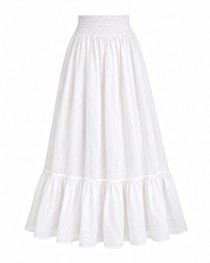 White smocked waist skirt in soft subtly sheer mul cotton