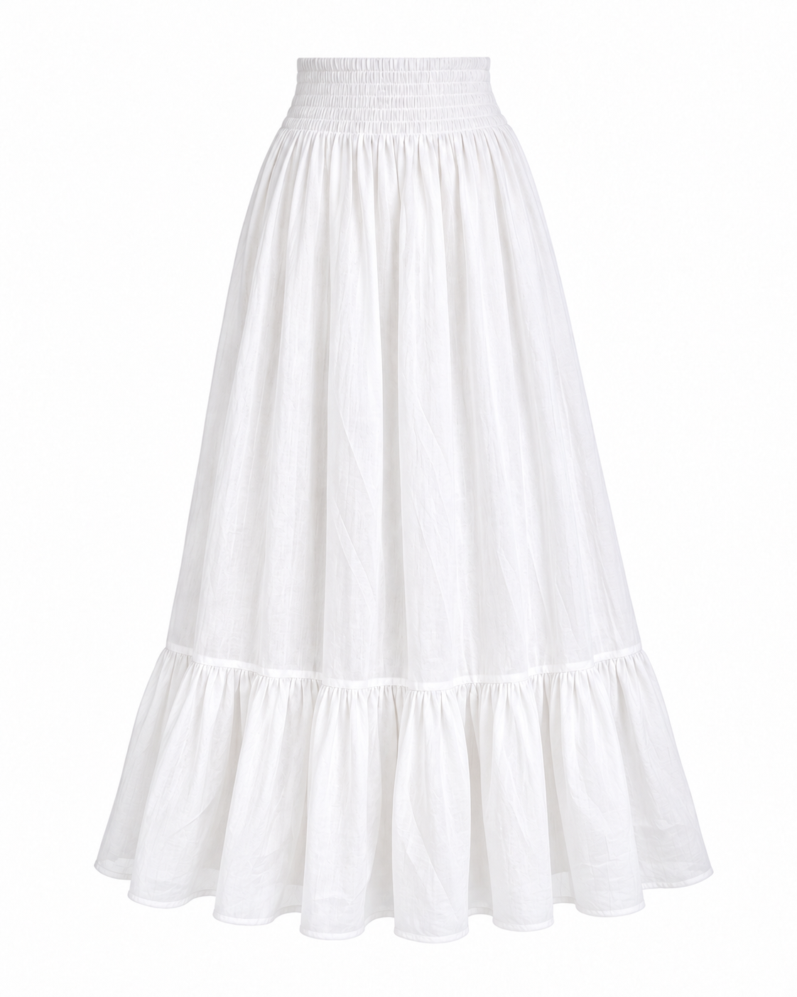 White smocked waist skirt in soft subtly sheer mul cotton
