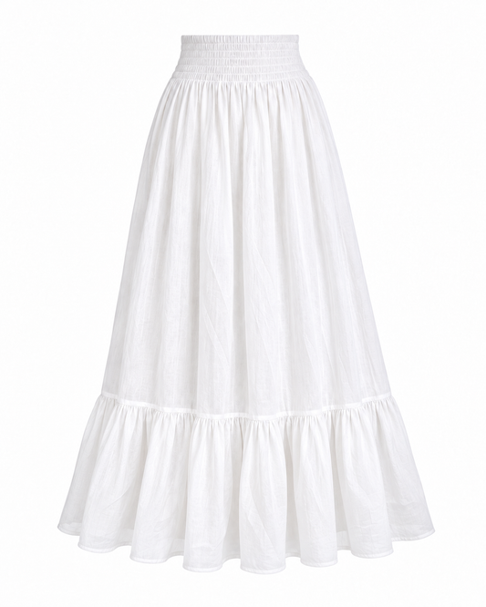 White smocked waist skirt in soft subtly sheer mul cotton