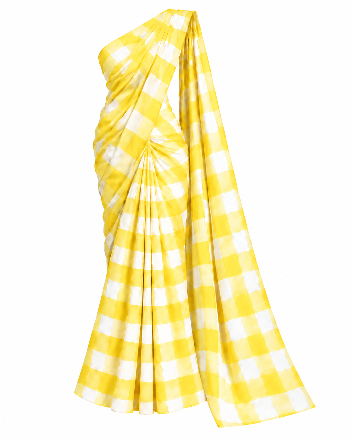 Yellow Gingham Satin Saree, ghost mannequin product photograph